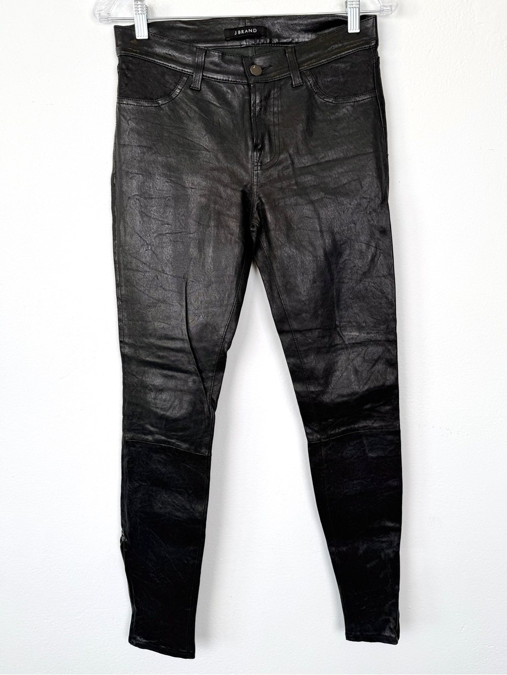 J Brand Size 27 Black Lamb Leather Mid Rise Skinny Ankle Zip Pants